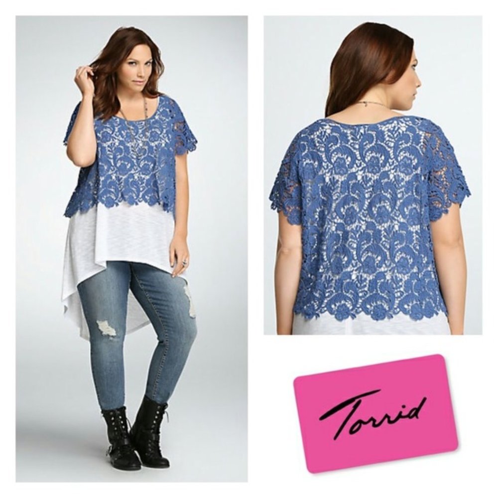TORRID Blue CROCHET LACE CROP TOP EUC sz 2